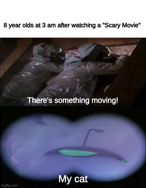 At 3am | 8 year olds at 3 am after watching a "Scary Movie"; There's something moving! My cat | image tagged in war of the worlds,scared kid,3 am | made w/ Imgflip meme maker