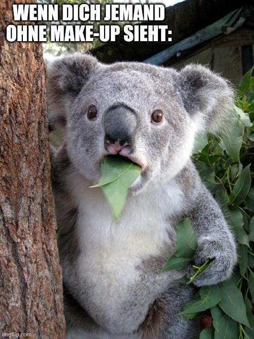Surprised Koala | WENN DICH JEMAND OHNE MAKE-UP SIEHT: | image tagged in memes,surprised koala | made w/ Imgflip meme maker