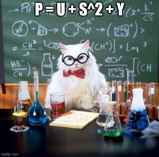 Chemistry Cat Meme | P = U + S^2 + Y | image tagged in memes,chemistry cat | made w/ Imgflip meme maker