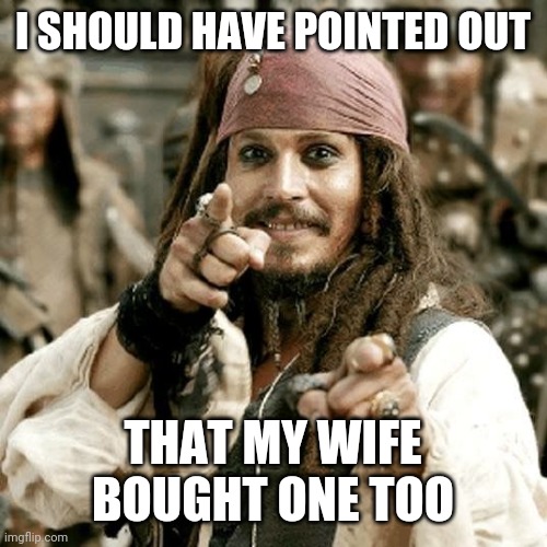 POINT JACK | I SHOULD HAVE POINTED OUT THAT MY WIFE BOUGHT ONE TOO | image tagged in point jack | made w/ Imgflip meme maker