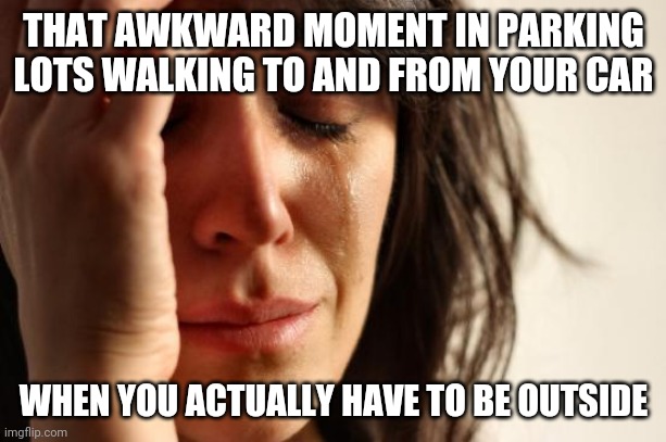 First World Problems Meme | THAT AWKWARD MOMENT IN PARKING LOTS WALKING TO AND FROM YOUR CAR; WHEN YOU ACTUALLY HAVE TO BE OUTSIDE | image tagged in memes,first world problems | made w/ Imgflip meme maker