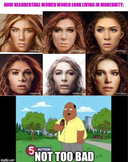 HOW NEANDERTHAL WOMEN WOULD LOOK LIVING IN MODERNITY: | image tagged in ollie williams,evolution,faceapp,face,not bad,beautiful woman | made w/ Imgflip meme maker