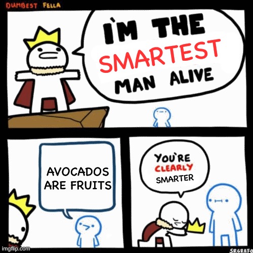 Avocados are fruits people, not vegetables. | SMARTEST; AVOCADOS ARE FRUITS; SMARTER | image tagged in i'm the dumbest man alive | made w/ Imgflip meme maker