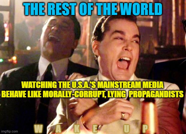 Goodfellas Laugh | THE REST OF THE WORLD; WATCHING THE U.S.A.'S MAINSTREAM MEDIA BEHAVE LIKE MORALLY-CORRUPT, LYING  PROPAGANDISTS; W        A        K        E                U        P | image tagged in goodfellas laugh,cnn fake news,msm lies,liberal hypocrisy,wake up,voluntaryism | made w/ Imgflip meme maker