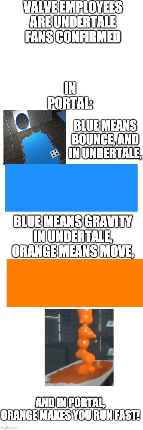 hmmmm | VALVE EMPLOYEES ARE UNDERTALE FANS CONFIRMED; IN PORTAL:; BLUE MEANS BOUNCE, AND IN UNDERTALE, BLUE MEANS GRAVITY; IN UNDERTALE, ORANGE MEANS MOVE, AND IN PORTAL, ORANGE MAKES YOU RUN FAST! | image tagged in blank white template,portal 2,valve | made w/ Imgflip meme maker