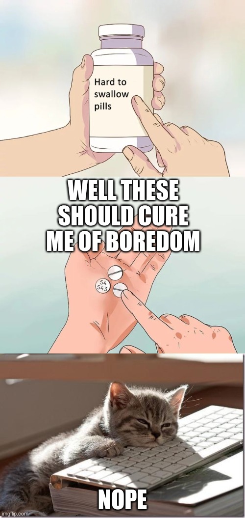i am really bored | WELL THESE SHOULD CURE ME OF BOREDOM; NOPE | image tagged in bored keyboard cat,hard to swallow pills,memes,quarantinelife,boredom | made w/ Imgflip meme maker