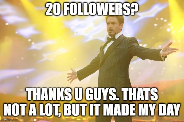 Tony Stark success | 20 FOLLOWERS? THANKS U GUYS. THATS NOT A LOT, BUT IT MADE MY DAY | image tagged in tony stark success | made w/ Imgflip meme maker