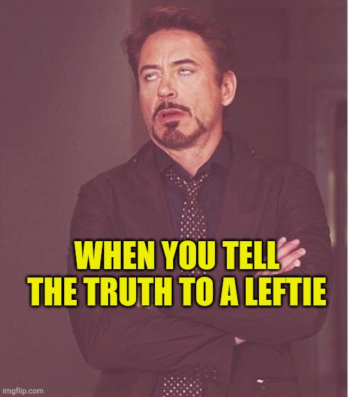 Liberals Can't Handle The Truth | WHEN YOU TELL THE TRUTH TO A LEFTIE | image tagged in memes,face you make robert downey jr,fake news,liberal bias | made w/ Imgflip meme maker