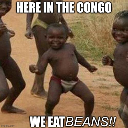 WE EAT BEANS!!!!!!!!! | HERE IN THE CONGO; WE EAT; BEANS!! | image tagged in memes,third world success kid | made w/ Imgflip meme maker