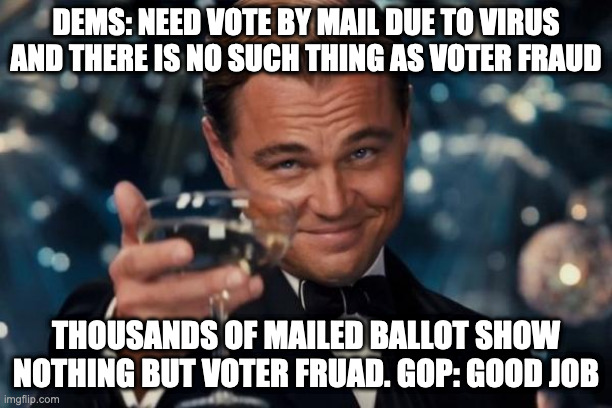 Leonardo Dicaprio Cheers Meme | DEMS: NEED VOTE BY MAIL DUE TO VIRUS AND THERE IS NO SUCH THING AS VOTER FRAUD; THOUSANDS OF MAILED BALLOT SHOW NOTHING BUT VOTER FRUAD. GOP: GOOD JOB | image tagged in memes,leonardo dicaprio cheers | made w/ Imgflip meme maker