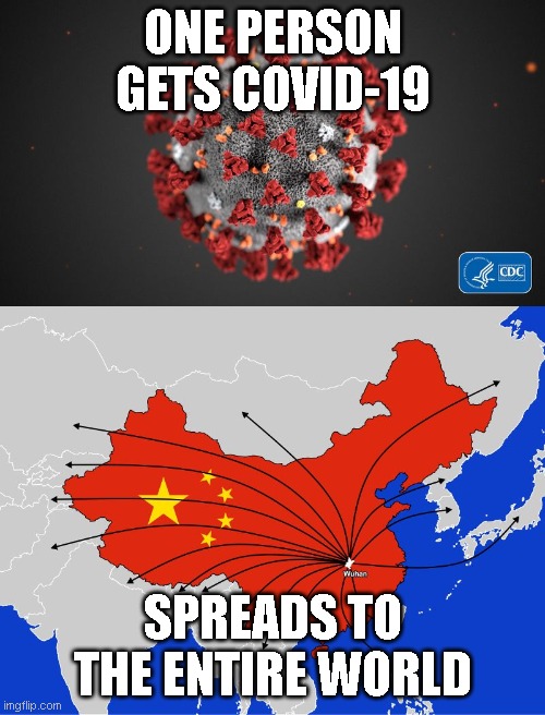 ONE PERSON GETS COVID-19; SPREADS TO THE ENTIRE WORLD | image tagged in covid 19 | made w/ Imgflip meme maker