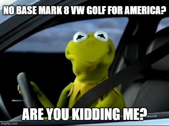 Kermit the Frog VW Golf 8 | NO BASE MARK 8 VW GOLF FOR AMERICA? ARE YOU KIDDING ME? | image tagged in kermit the frog,car,vw golf,golf 8,bring the mark 8 golf to america | made w/ Imgflip meme maker