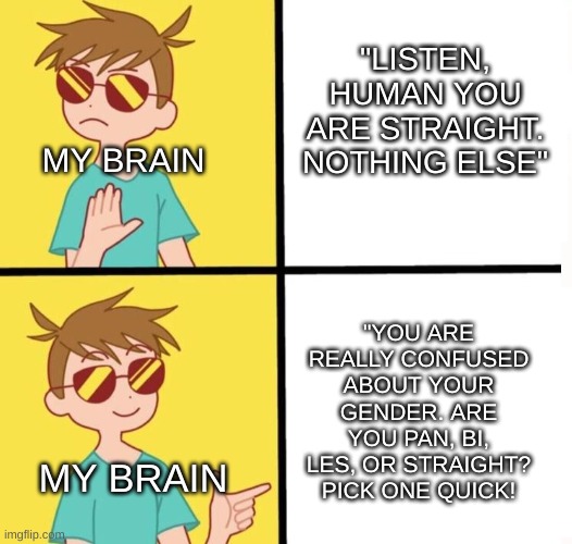 Ftm trans meme yes/no | "LISTEN, HUMAN YOU ARE STRAIGHT. NOTHING ELSE"; MY BRAIN; "YOU ARE REALLY CONFUSED ABOUT YOUR GENDER. ARE YOU PAN, BI, LES, OR STRAIGHT? PICK ONE QUICK! MY BRAIN | image tagged in ftm trans meme yes/no | made w/ Imgflip meme maker