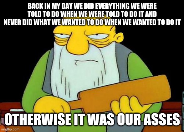 That's a paddlin' Meme | BACK IN MY DAY WE DID EVERYTHING WE WERE TOLD TO DO WHEN WE WERE TOLD TO DO IT AND NEVER DID WHAT WE WANTED TO DO WHEN WE WANTED TO DO IT; OTHERWISE IT WAS OUR ASSES | image tagged in memes,that's a paddlin' | made w/ Imgflip meme maker