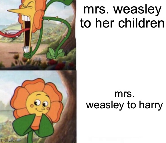 cagney carnation | mrs. weasley to her children; mrs. weasley to harry | image tagged in cagney carnation | made w/ Imgflip meme maker