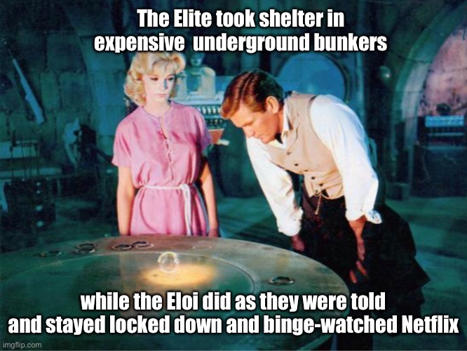 TO SERVE MAN | The Elite took shelter in expensive  underground bunkers; while the Eloi did as they were told and stayed locked down and binge-watched Netflix | image tagged in cooking,make me a sandwich,playing vinyl records | made w/ Imgflip meme maker