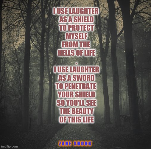Laughter | I USE LAUGHTER 
AS A SHIELD
TO PROTECT
MYSELF
FROM THE 
HELLS OF LIFE
.
I USE LAUGHTER
AS A SWORD
TO PENETRATE 
YOUR SHIELD
SO YOU'LL SEE
THE BEAUTY
OF THIS LIFE; Z A N E   S H O O K | image tagged in grief,loss,love | made w/ Imgflip meme maker