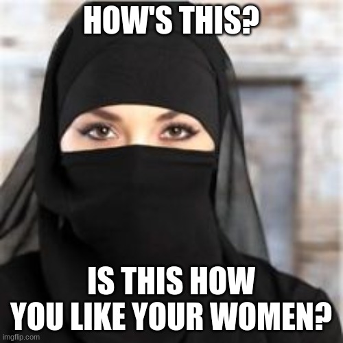 Sharia Law Woman | HOW'S THIS? IS THIS HOW YOU LIKE YOUR WOMEN? | image tagged in sharia law woman | made w/ Imgflip meme maker