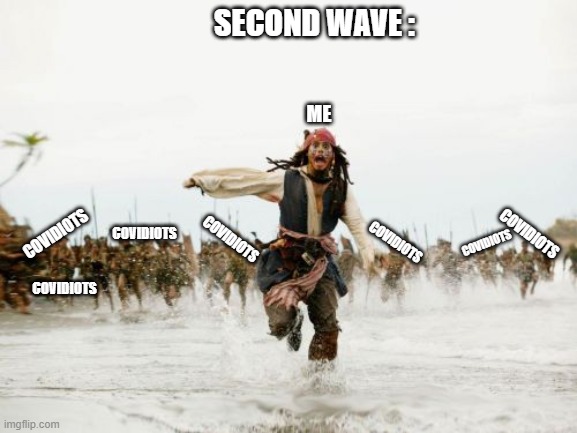 Jack Sparrow Being Chased Meme | SECOND WAVE :; ME; COVIDIOTS; COVIDIOTS; COVIDIOTS; COVIDIOTS; COVIDIOTS; COVIDIOTS; COVIDIOTS | image tagged in memes,jack sparrow being chased | made w/ Imgflip meme maker