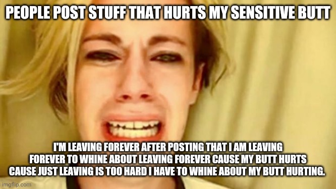 Butt hurt |  PEOPLE POST STUFF THAT HURTS MY SENSITIVE BUTT; I'M LEAVING FOREVER AFTER POSTING THAT I AM LEAVING FOREVER TO WHINE ABOUT LEAVING FOREVER CAUSE MY BUTT HURTS CAUSE JUST LEAVING IS TOO HARD I HAVE TO WHINE ABOUT MY BUTT HURTING. | image tagged in leave brittany alone | made w/ Imgflip meme maker