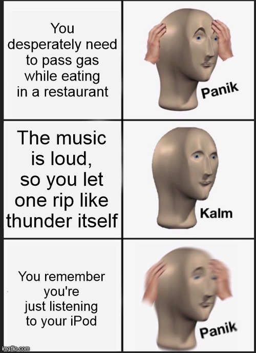 Credit to xygodactyl for the original basic idea (from a text exchange screenshot as image 42p8lo), but it needs this format! | You desperately need to pass gas while eating in a restaurant; The music is loud, so you let one rip like thunder itself; You remember you're just listening to your iPod | image tagged in memes,panik kalm panik,fart like thunder,ipod | made w/ Imgflip meme maker