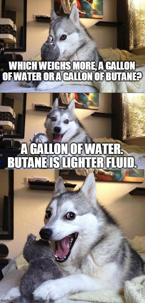 Bad Pun Dog | WHICH WEIGHS MORE, A GALLON OF WATER OR A GALLON OF BUTANE? A GALLON OF WATER. BUTANE IS LIGHTER FLUID. | image tagged in memes,bad pun dog | made w/ Imgflip meme maker