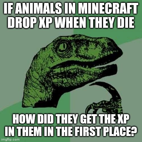 Philosoraptor Meme | IF ANIMALS IN MINECRAFT DROP XP WHEN THEY DIE; HOW DID THEY GET THE XP IN THEM IN THE FIRST PLACE? | image tagged in memes,philosoraptor | made w/ Imgflip meme maker