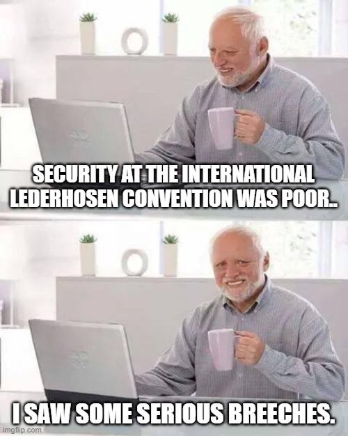 Hide the Pain Harold | SECURITY AT THE INTERNATIONAL LEDERHOSEN CONVENTION WAS POOR.. I SAW SOME SERIOUS BREECHES. | image tagged in memes,hide the pain harold | made w/ Imgflip meme maker
