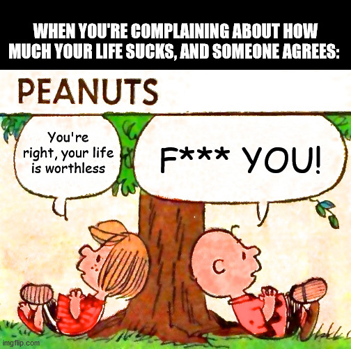 Charlie Brown Fuck You Meme | WHEN YOU'RE COMPLAINING ABOUT HOW MUCH YOUR LIFE SUCKS, AND SOMEONE AGREES:; F*** YOU! You're right, your life is worthless | image tagged in peanuts charlie brown peppermint patty,fuck you,depressed,memes,funny,charlie brown fuck you | made w/ Imgflip meme maker