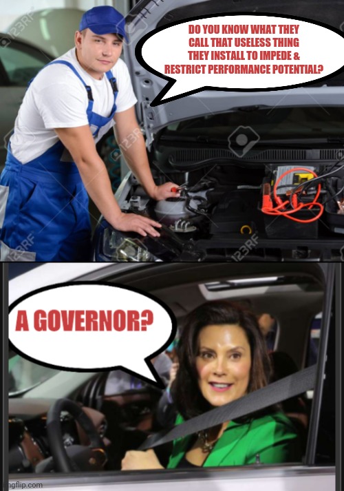 DO YOU KNOW WHAT THEY CALL THAT USELESS THING THEY INSTALL TO IMPEDE & RESTRICT PERFORMANCE POTENTIAL? | image tagged in gretchen whitmer | made w/ Imgflip meme maker