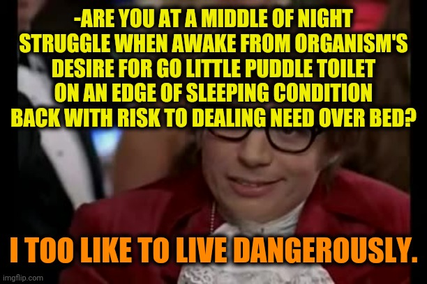 -Should be hurry & no confirm. | -ARE YOU AT A MIDDLE OF NIGHT STRUGGLE WHEN AWAKE FROM ORGANISM'S DESIRE FOR GO LITTLE PUDDLE TOILET ON AN EDGE OF SLEEPING CONDITION BACK WITH RISK TO DEALING NEED OVER BED? I TOO LIKE TO LIVE DANGEROUSLY. | image tagged in memes,i too like to live dangerously,toilet humor,the great awakening,come back,prepare yourself | made w/ Imgflip meme maker