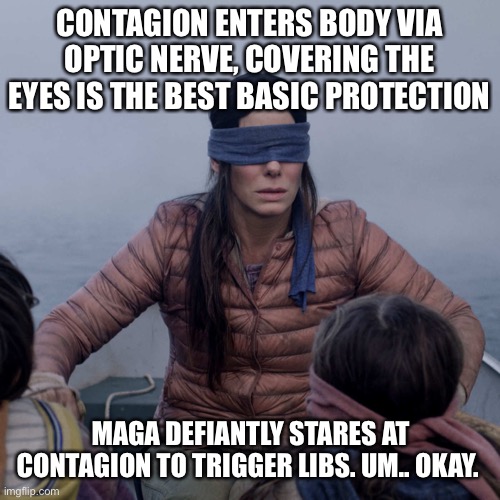 Non metaphorical political suicide | CONTAGION ENTERS BODY VIA OPTIC NERVE, COVERING THE EYES IS THE BEST BASIC PROTECTION; MAGA DEFIANTLY STARES AT CONTAGION TO TRIGGER LIBS. UM.. OKAY. | image tagged in memes,bird box,mask,coronavirus,darwin,dead republicans | made w/ Imgflip meme maker