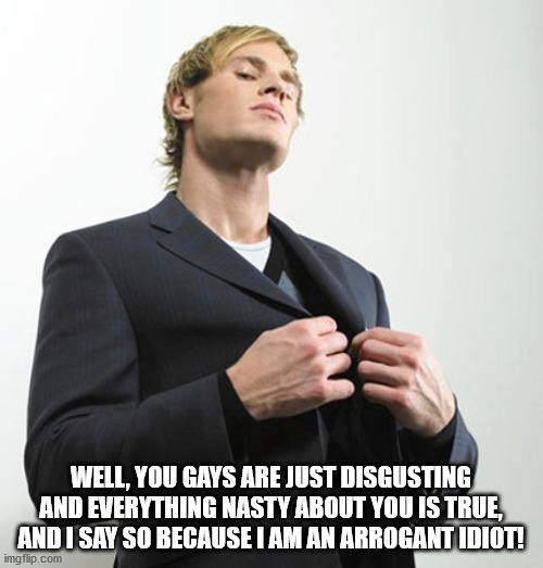 Arrogant idiot | WELL, YOU GAYS ARE JUST DISGUSTING AND EVERYTHING NASTY ABOUT YOU IS TRUE, AND I SAY SO BECAUSE I AM AN ARROGANT IDIOT! | image tagged in arrogant idiot | made w/ Imgflip meme maker