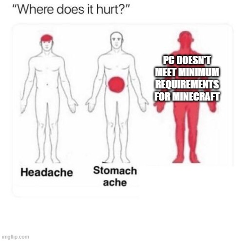 Where does it hurt | PC DOESN'T MEET MINIMUM REQUIREMENTS FOR MINECRAFT | image tagged in where does it hurt | made w/ Imgflip meme maker