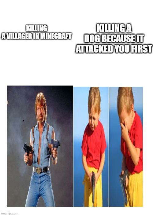 KILLING A DOG BECAUSE IT ATTACKED YOU FIRST; KILLING A VILLAGER IN MINECRAFT | image tagged in mincraft | made w/ Imgflip meme maker