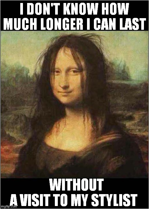 Lockdown Lisa | I DON'T KNOW HOW MUCH LONGER I CAN LAST; WITHOUT A VISIT TO MY STYLIST | image tagged in fun,mona lisa,lockdown | made w/ Imgflip meme maker