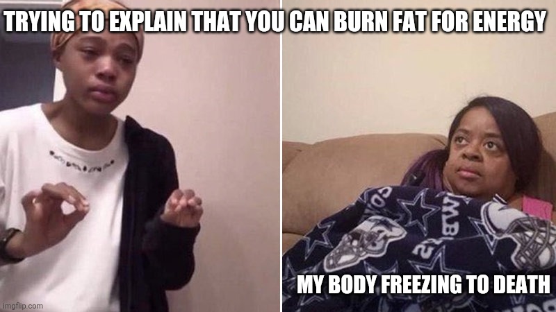 Me explaining to my mom | TRYING TO EXPLAIN THAT YOU CAN BURN FAT FOR ENERGY; MY BODY FREEZING TO DEATH | image tagged in me explaining to my mom | made w/ Imgflip meme maker