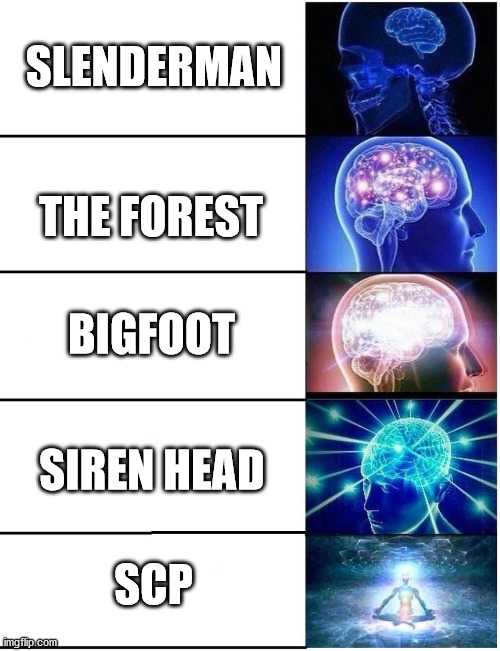 horror ranks | SLENDERMAN; THE FOREST; BIGFOOT; SIREN HEAD; SCP | image tagged in expanding brain 5 panel,horror,scp meme | made w/ Imgflip meme maker