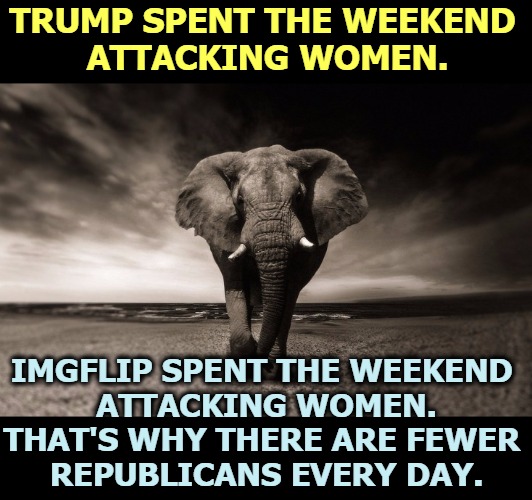 Women are the majority. There are more women than men. The nastier you get, the faster they leave the Incredible Shrinking GOP. | TRUMP SPENT THE WEEKEND 
ATTACKING WOMEN. IMGFLIP SPENT THE WEEKEND 
ATTACKING WOMEN.
THAT'S WHY THERE ARE FEWER 
REPUBLICANS EVERY DAY. | image tagged in republican party,gop,stupid,nasty,trump,imgflip | made w/ Imgflip meme maker