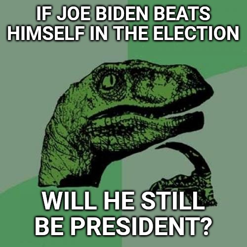 Philosoraptor | IF JOE BIDEN BEATS HIMSELF IN THE ELECTION; WILL HE STILL BE PRESIDENT? | image tagged in memes,philosoraptor | made w/ Imgflip meme maker