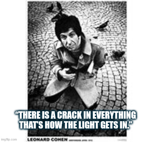 LEONARD COHEN LETS THE LIGHT IN | “THERE IS A CRACK IN EVERYTHING THAT’S HOW THE LIGHT GETS IN.” | image tagged in leonard cohen,cohen,crack,light,pigeon,pigeons | made w/ Imgflip meme maker