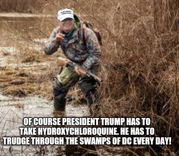 Of course President Trump has to take hydroxychloroquine | OF COURSE PRESIDENT TRUMP HAS TO TAKE HYDROXYCHLOROQUINE. HE HAS TO TRUDGE THROUGH THE SWAMPS OF DC EVERY DAY! | image tagged in drain the swamp | made w/ Imgflip meme maker
