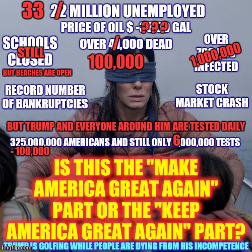 You've Got To Roll With The Monthly Changes | 33   /; ? ? ? /
100,000; STILL; 1,000,000; BUT BEACHES ARE OPEN; BUT TRUMP AND EVERYONE AROUND HIM ARE TESTED DAILY; 6; - 100,000; TRUMP IS GOLFING WHILE PEOPLE ARE DYING FROM HIS INCOMPETENCE | image tagged in memes,trump unfit unqualified dangerous,liar in chief,incompetence,covid-19,coronavirus | made w/ Imgflip meme maker