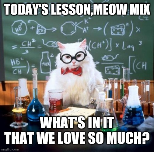 Chemistry Cat Meme | TODAY'S LESSON,MEOW MIX; WHAT'S IN IT THAT WE LOVE SO MUCH? | image tagged in memes,chemistry cat | made w/ Imgflip meme maker