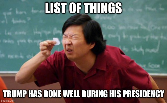 Tiny piece of paper | LIST OF THINGS; TRUMP HAS DONE WELL DURING HIS PRESIDENCY | image tagged in tiny piece of paper | made w/ Imgflip meme maker