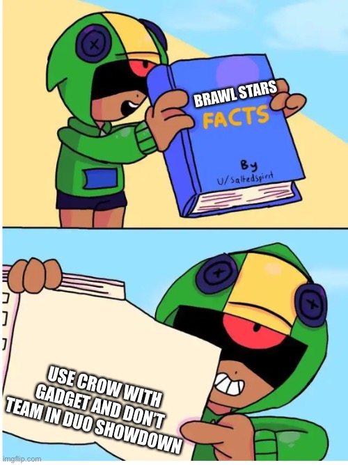 Brawl Stars facts | BRAWL STARS; USE CROW WITH GADGET AND DON’T TEAM IN DUO SHOWDOWN | image tagged in brawl stars fact,brawl stars | made w/ Imgflip meme maker