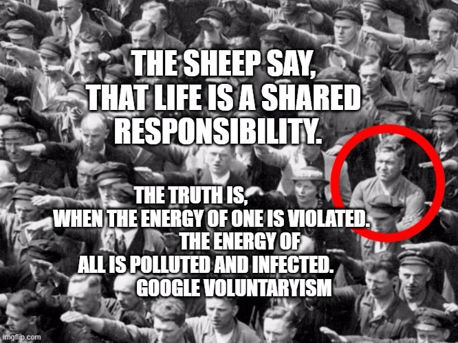 No nazi salute | THE SHEEP SAY, THAT LIFE IS A SHARED RESPONSIBILITY. THE TRUTH IS,            WHEN THE ENERGY OF ONE IS VIOLATED.                THE ENERGY OF ALL IS POLLUTED AND INFECTED.                    GOOGLE VOLUNTARYISM | image tagged in no nazi salute | made w/ Imgflip meme maker