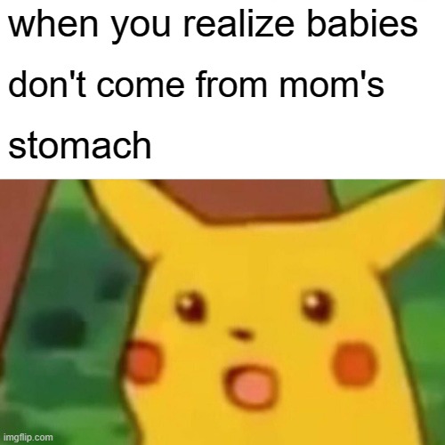 yeah lol | when you realize babies; don't come from mom's; stomach | image tagged in memes,surprised pikachu | made w/ Imgflip meme maker