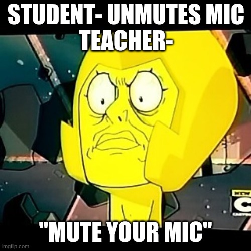Yellow Diamond- Steven Universe-Taxes | STUDENT- UNMUTES MIC
TEACHER-; "MUTE YOUR MIC" | image tagged in yellow diamond- steven universe-taxes | made w/ Imgflip meme maker