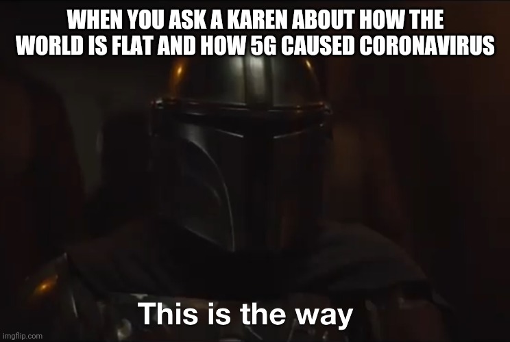 This is the way | WHEN YOU ASK A KAREN ABOUT HOW THE WORLD IS FLAT AND HOW 5G CAUSED CORONAVIRUS | image tagged in this is the way,memes | made w/ Imgflip meme maker